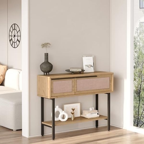 Konsolentisch Kvænangen 100x30x76 cm Eiche/Rattanoptik [en. casa]