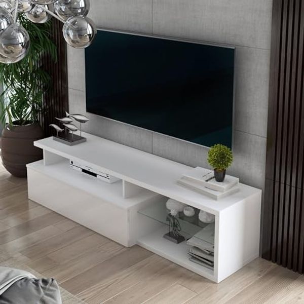 Dmora - Fernsehschrank Baltico, Ständer für Wohnzimmerfernseher, Niedriges Wohnzimmer-Sideboard, TV-Ständerbasis, 160x38h41 cm, Weiß und Glänzendes Weiß
