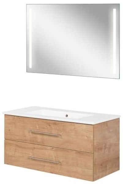 FACKELMANN B.PERFEKT Waschtisch Set mit Spiegel 103 cm breit, Braun hell, Waschbecken Keramik Weiß