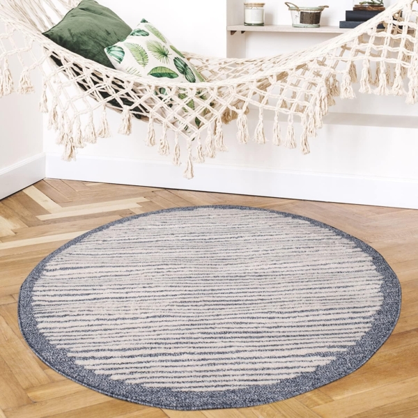 Teppich Rund - Blau Cream-Streifen – 120x120cm Kurzflor Modern Dekoration fürs Wohnzimmer Schlafzimmer Skandinavische Teppiche