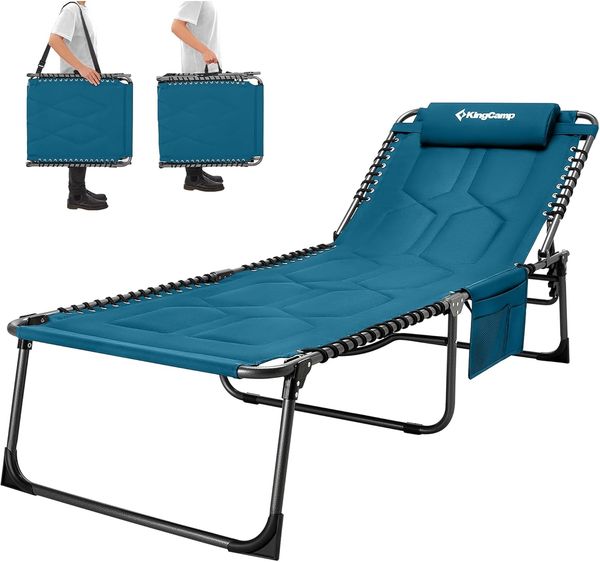 KingCamp Übergroße Sonnenliege Klappbar 5-Fach Verstellbar Gartenliege Liegestuhl Dreibeinliege Liege Campingliege mit Kopfkissen und Seitentasche bis 150 kg für Garten Urlaub Strand Pool 200x68 cm