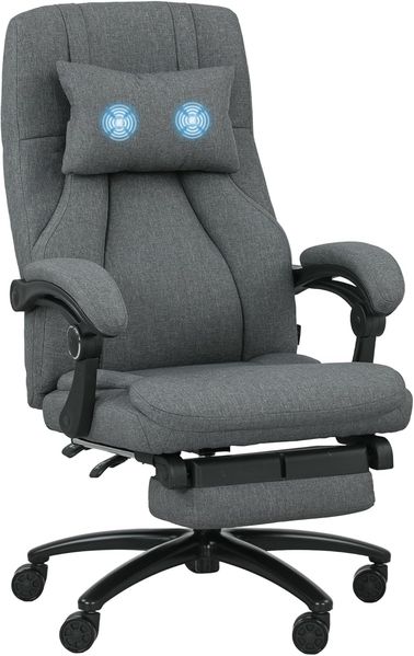 Vinsetto Schreibtischstuhl Bürostuhl mit Massagefunktion, Kopfstütze mit USB-Schnittstelle (Höhenverstellbar Drehbar Chefsessel, 1 St), mit Leinenoptik, Dunkelgrau