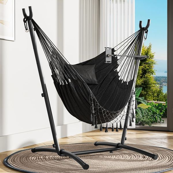 YITAHOME Hängesessel mit Gestell 158 x 110 x 140 cm, Stabiles Stahlgestell, Hängemattenständer mit Schaukel, Max. Belastung 150kg, Schaukelstuhl mit Verstellbarer Handyhalter für Garten, Dunkelgrau