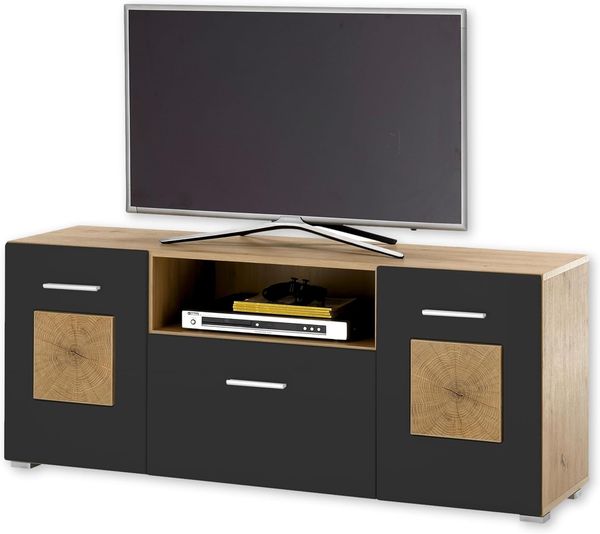 GEORGIA TV-Lowboard in Schwarz, Artisan Eiche Optik mit Hirnholz-Applikationen - Moderner TV Schrank mit viel Stauraum für Ihr Wohnzimmer - 140 x 58 x 38 cm (B/H/T)