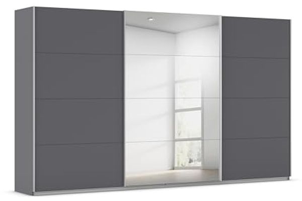 Rauch Möbel Kulmbach, Kleiderschrank mit Schwebetüren für Schlafzimmer, Kinderzimmer, Flur, 3-türig, mit Spiegel und Soft-Close-Funktion, Zubehör Premium, Farbe Grau metallic, Schwarz, Breite 360 cm