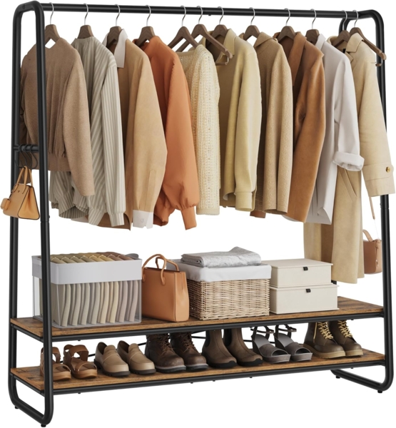 VASAGLE Kleiderständer, Garderobenständer, Garderobe, 2 Ablagen, 6 Haken in S-Form, Stahlgestell, vintagebraun-schwarz