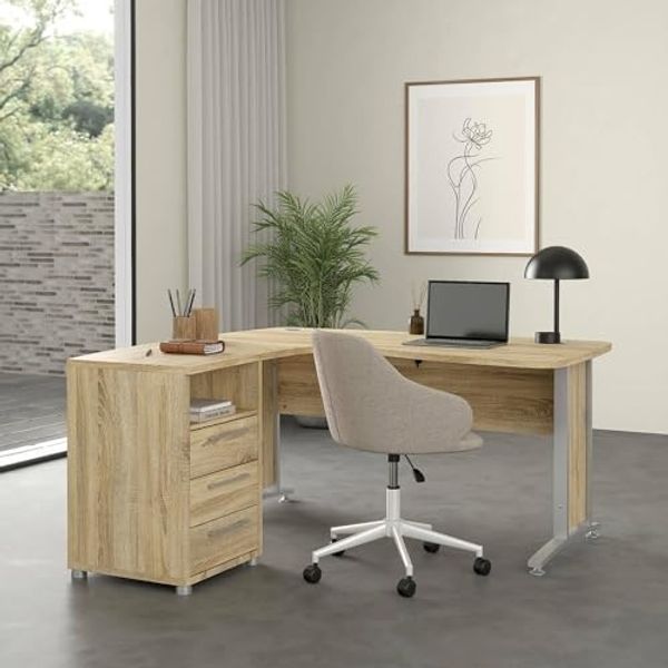 Dmora - Schreibtisch Tatienne, Mehrzweckschreibtisch, Bürotisch für PC, Eckschreibtisch, 159x150 h75 cm, Eiche