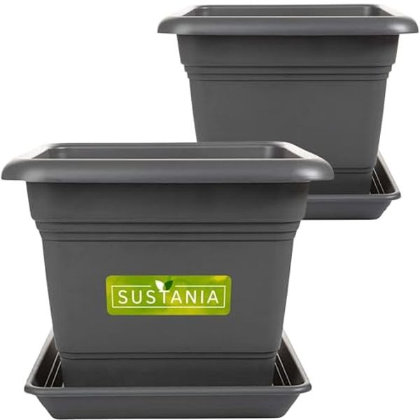 SUSTANIA Blumentopf Pflanzkübel Eckig 28x28 Anthrazit 2er Set Robuster Blumentopf, Übertopf Ideal für Tomatenpflanzen, Eckige Pflanztöpfe