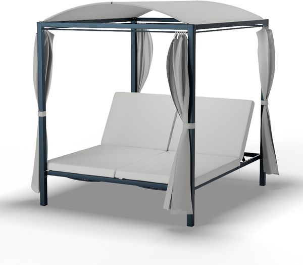 blumfeldt Gartenliege Eremitage Double XL Sunbed 2 Personen Stahl 5-fach Lehne 4 Vorhänge, Set, Liegeinsel Doppelliege 2 Personen mit Rückenlehne & Vorhängen