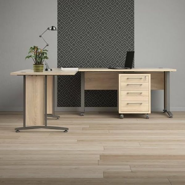 Dmora - Schreibtisch Mirella, Mehrzweckschreibtisch, Bürotisch für PC, Eckschreibtisch, 230x200 h75 cm, Grau und Eiche