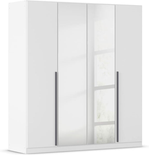 rauch Kleiderschrank Alba, Drehtürenschrank, Garderobenschrank, 4-türig, mit Spiegel, mit 3 Kleiderstangen, 4 Einlegeböden und Schubladeneinsatz, Farbe Weiß, Griffstange Grau metallic, Schwarz, 181x197x54cm
