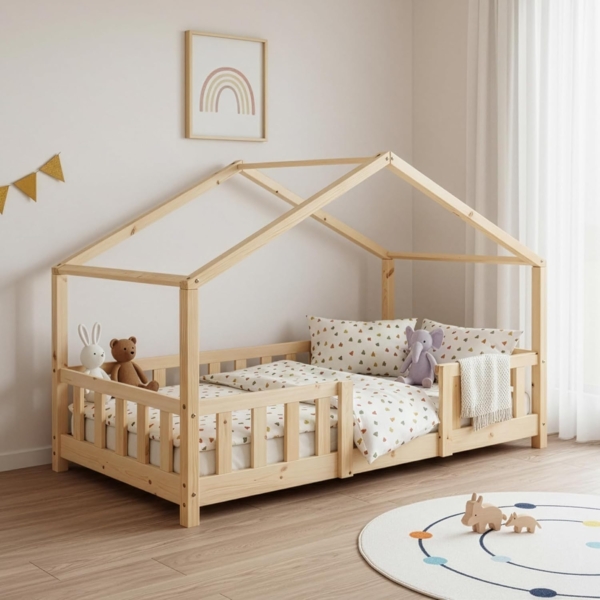 en.casa 'Treviolo' Hausbett 90x200 cm, natur, Kiefernholz, mit Lattenrost und Rausfallschutz