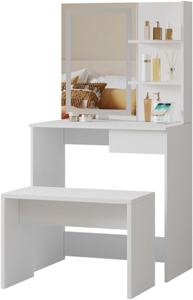 Schminktisch Dekos Weiß 75 cm mit LED-Spiegel, QI-Ladegerät und Bank Vicco