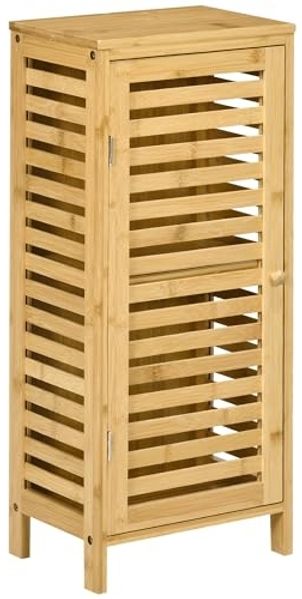 Kleankin Badkommode Badezimmerschrank mit Lamellentür 2 Fächern (Aufbewahrungsschrank, 1 St, Toilettenschrank), Natur, 30 x 19,9 x 70 cm