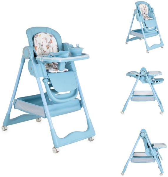 Moni Kinderhochstuhl Surprise faltbar Lätzchen Schüssel Löffel Gabel Räder Korb blau