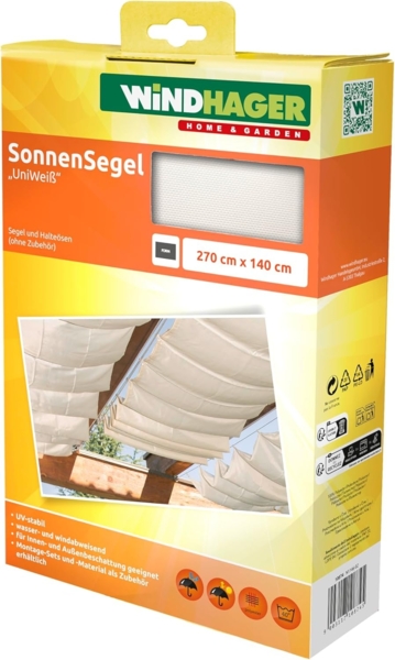 Windhager Sonnensegel für Seilspanntechnik, Wintergarten und Terrassen Beschattung, Seilspannmarkise, 270x140 cm, Uni Weiß, 10874