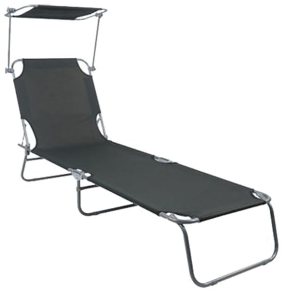3-Bein Gartenliege Campingliege Grau 186 x 55 x 24 cm mit Sonnenschutzdach