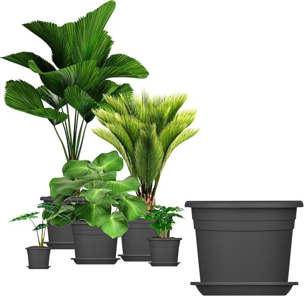 BigDean 5X Blumentopf Ø 40 cm Farbe Anthrazit & Untersetzer Kunststoff Pflanztopf Containertopf Übertopf Pflanzkübel rund 40 x 28 cm Blumentöpfe
