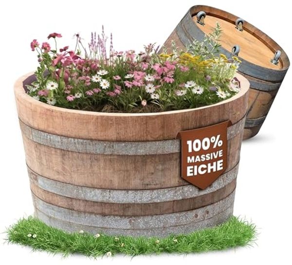 Temesso Pflanzkübel D 70cm - Halbiertes Weinfass als Miniteich - D70cm H40 100L Inhalt