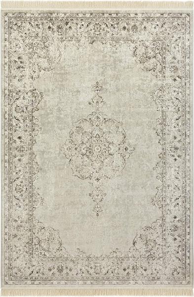 Orientalischer Samt-Teppich Fransen Oriental Vintage Medallion Creme - 95x140x0,5cm