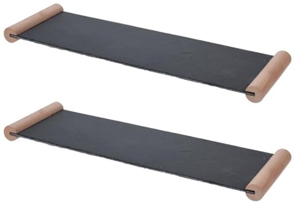 HAC24 Servierplatte Servierplatte Schieferplatte Käseplatte Wurstplatte Servierteller, Schiefer, (2-tlg), 50 x 15 cm mit Holzgriffen