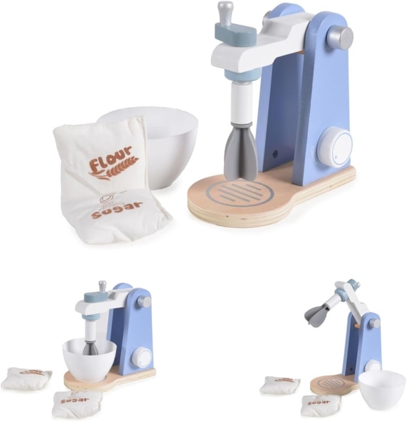Moni Spielzeug Mixer 4342 Holz, Rührschüssel abnehmbar, Spiel-Mehl- Zuckerbeutel blau