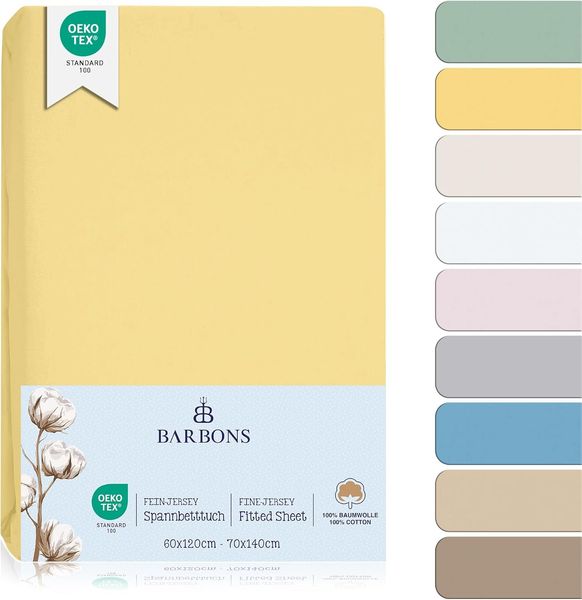 BARBONS Spannbettlaken für Baby Kinderbett 60x120 / 70x140-100% Jersey Baumwolle Spannbetttuch Oeko-TEX Standard 100 Zertifiziert Bettlaken für Babybett - Bananen 60x120 cm / 70x140 cm 2er
