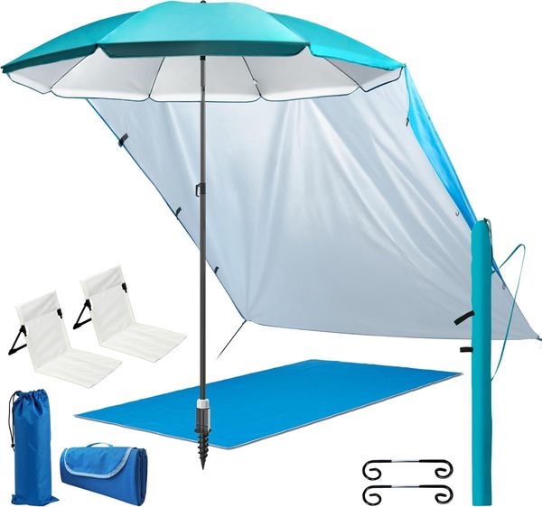 4smile Sonnenschirm 6er-Set in Türkis, Ø 200 cm, Sonnenschirm Strand, komfortable Strandliege, Schirmständer Erdspieß, Sonnensegel Strand, kompakte Stranddecke(1,5x2 m), Schirmhülle