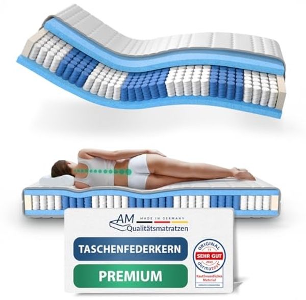 AM Qualitätsmatratzen Hochwertige 7-Zonen Taschenfederkernmatratze 160x190 cm - 24 cm Premiumhöhe - Tonnentaschenfederkernmatratze 160x190 cm - H4