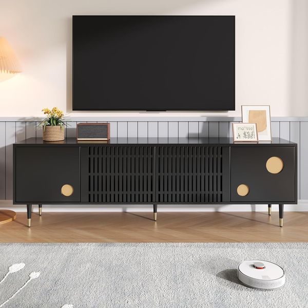 Ball & Cast TV Schrank (170×36×54cm) mit Gitterstruktur und Golddekor, Fernseher Tisch mit 2 Türen, Bequeme Montage, Schwarz