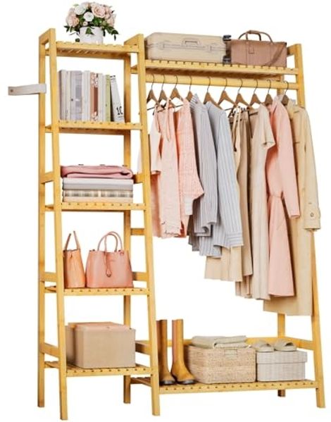 Yorbay Kleiderständer aus Bambus, Multifunktionale Garderobenständer 103x40x145 cm, 7 Ablagefächer Garderobe für Flur, Schlafzimmer & Büro