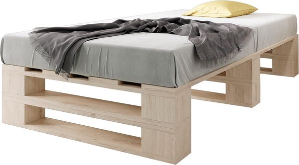 sunnypillow Palettenbett M2 aus Holz 120x200 cm mit Lattenrost Stabiles Seniorenbett Kinderbett Jugendbett Gästebett erhöhtes Einzelbett Bettgestell Futonbett Komforthöhe Naturholz
