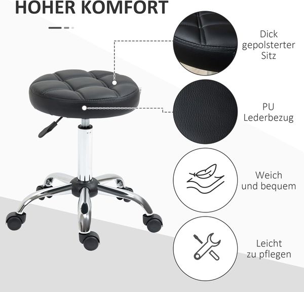 HOMCOM Rollsitz Rollhocker, höhenverstellbar, Kunstleder (Arbeitshocker, 1 St, Salonhocker), für Wohnzimmer, Büro, Schwarz Bild 4