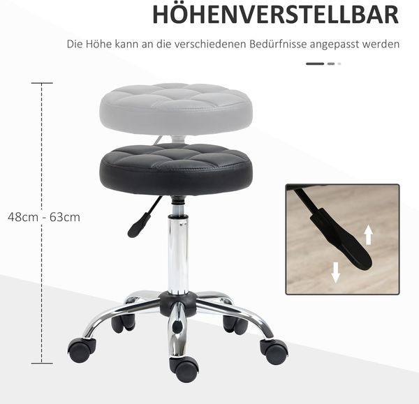 HOMCOM Rollsitz Rollhocker, höhenverstellbar, Kunstleder (Arbeitshocker, 1 St, Salonhocker), für Wohnzimmer, Büro, Schwarz Bild 3