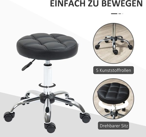 HOMCOM Rollsitz Rollhocker, höhenverstellbar, Kunstleder (Arbeitshocker, 1 St, Salonhocker), für Wohnzimmer, Büro, Schwarz Bild 5