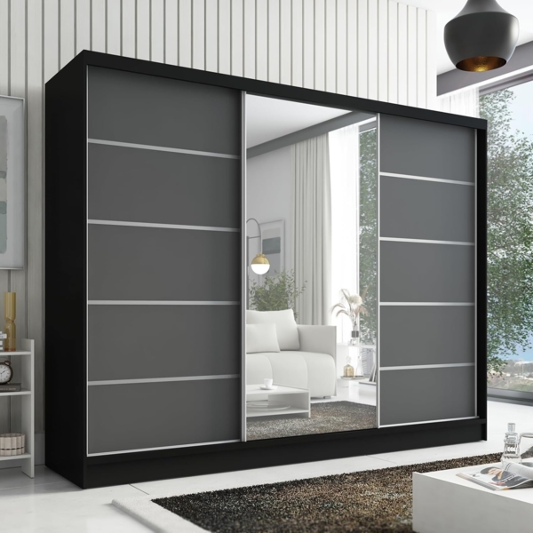 Schwebetürenschrank AVIRA 1 3-türig Schrank 200 cm (mit Spiegel) Farbe: Schwarz , Graphit
