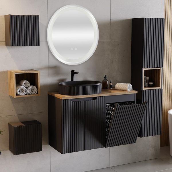 Lomadox Badmöbel-Set NEWPORT-56-BLACK, (Spar-Set, 6-St, Badschränke Badregal Hochschrank Spiegel Waschtisch), mit 90 cm Waschtisch, Wäschekorb, schwarz mit Eiche, gerillte Front