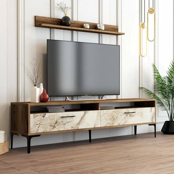 Dmora Parete attrezzata Edasich, Composizione soggiorno, Mobile salotto multiuso, Armadio Porta TV, 180x35h47 cm, Noce e Bianco Marmo
