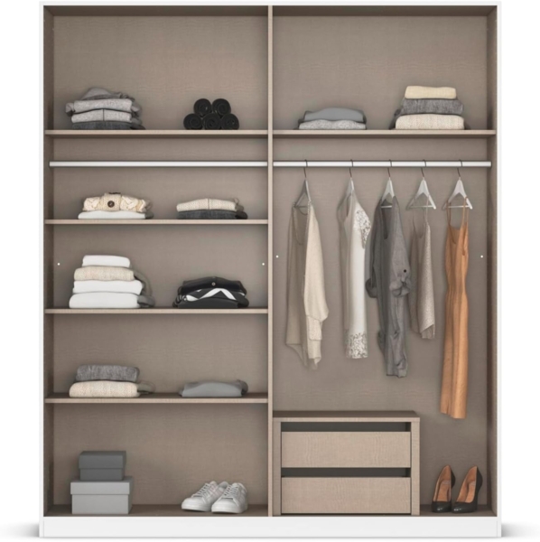 Rauch Möbel Alabama, Kleiderschrank, 4-türig, Spiegel, Zubehör Premium, 2 Kleiderstangen, 5 Einlegeböden, Schubladeneinsatz, Farbe Hochglanz Weiß/Eiche Artisan, Griff Grau metallic, 181 x 210 x 54 cm Bild 6