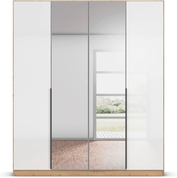 Rauch Möbel Alabama, Kleiderschrank, 4-türig, Spiegel, Zubehör Premium, 2 Kleiderstangen, 5 Einlegeböden, Schubladeneinsatz, Farbe Hochglanz Weiß/Eiche Artisan, Griff Grau metallic, 181 x 210 x 54 cm Bild 8