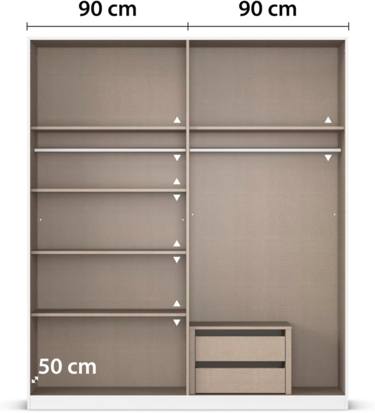 Rauch Möbel Alabama, Kleiderschrank, 4-türig, Spiegel, Zubehör Premium, 2 Kleiderstangen, 5 Einlegeböden, Schubladeneinsatz, Farbe Hochglanz Weiß/Eiche Artisan, Griff Grau metallic, 181 x 210 x 54 cm Bild 7