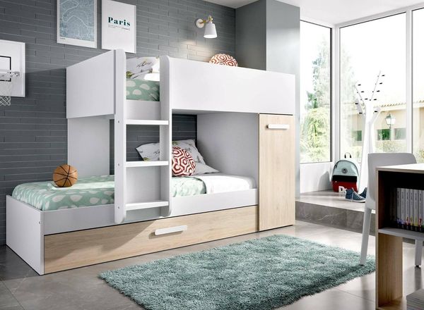 Dmora - Schlafzimmer Eiger, Komplettes Schlafzimmer, Etagenbettkomposition mit Zwei Einzelbetten, 244x112h150 cm, Eiche und Weiß