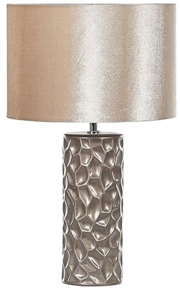 'Sankuru' Tischlampe Gold Keramik 50 cm geometrisches Muster Stoffschirm Trommelform Samt langes Kabel mit Schalter handgefertigt Schlaf- u. Wohnzimmer