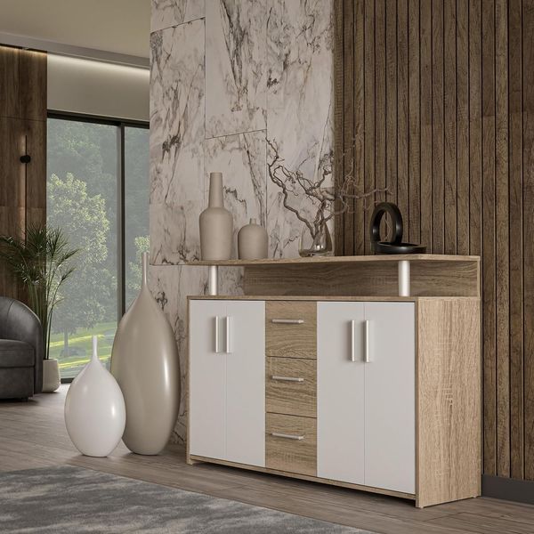 Forte SINCRONO Sideboard 130, modernes Sideboard mit Ablage-Aufsatz, 4-türig, 3 Schubladen, Wohnzimmer, Flur, Holzwerkstoff, Weiß mit Sonoma Eiche Holzdekor, 132 cm breit x 88,5 cm hoch x 34,8 cm tief
