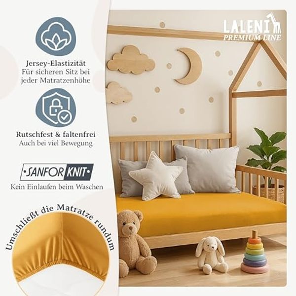 Laleni Premium Spannbettlaken 60x120-70x140 cm - Oeko-Tex Zertifiziert, 100% Baumwolle, atmungsaktives Spannbetttuch Jersey Baby, 150 g/m², Spicy Mustard - Gelb Bild 5