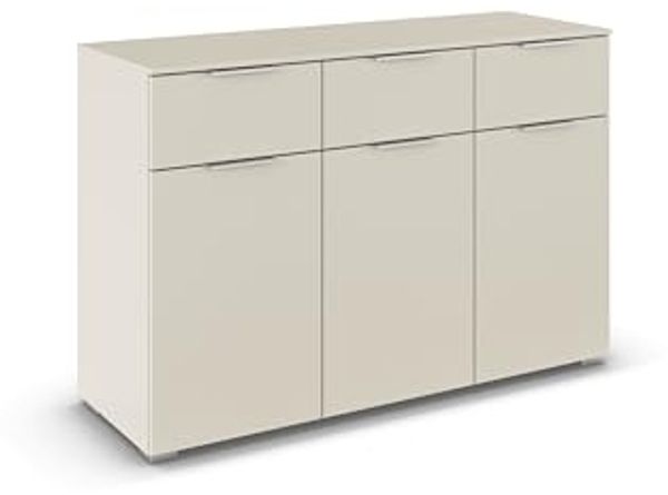 Rauch Möbel Alabama, Kommode für Schlafzimmer, Kinderzimmer, Garderobe, Flur, 3-türig, mit 3 Schubladen, Soft-Close-Fuktion, Farbe Beige, Griff Alufarben, Maße 120 x 81 x 42 cm