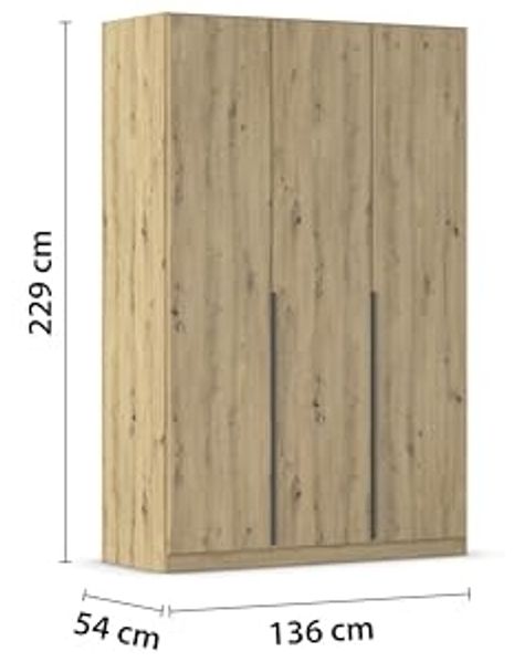 Rauch Möbel Alabama, Kleiderschrank, Garderobe, 3-türig, Zubehör Premium, 2 Kleiderstangen, 7 Einlegeböden, Schubladeneinsatz, Farbe Eiche Artisan, Holz, Griff Grau metallic, 136 x 229 x 54 cm Bild 3