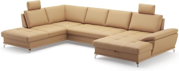 Cavadore Wohnlandschaft Castiel mit Federkern / Sofalandschaft mit großem Longchair, Bett, Bettkasten, Sitztiefenverstellung, Kopfstützen und Metallfüßen / 363x89-104x223 / Echtleder, Beige