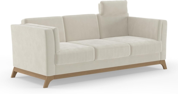 Cavadore 3er-Sofa Vida / 3-Sitzer Couch im trendigen Design mit massivem Holzrahmen in Buche, Kopfstütze mit Kuschelkissen / 213 x 84 x 93 / Mikrofaser, Naturweiß