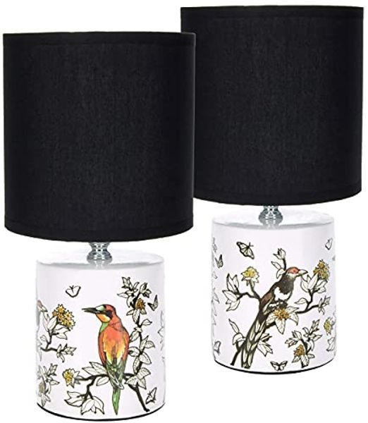 BRUBAKER Nachttischlampe Tischlampe Vogel Design Asiatisch - 1x oder 2er Set - Schirm Schwarz, ohne Leuchtmittel, Designer Lampen mit Keramikfuß, Höhe ca. 30 cm - Tischleuchte